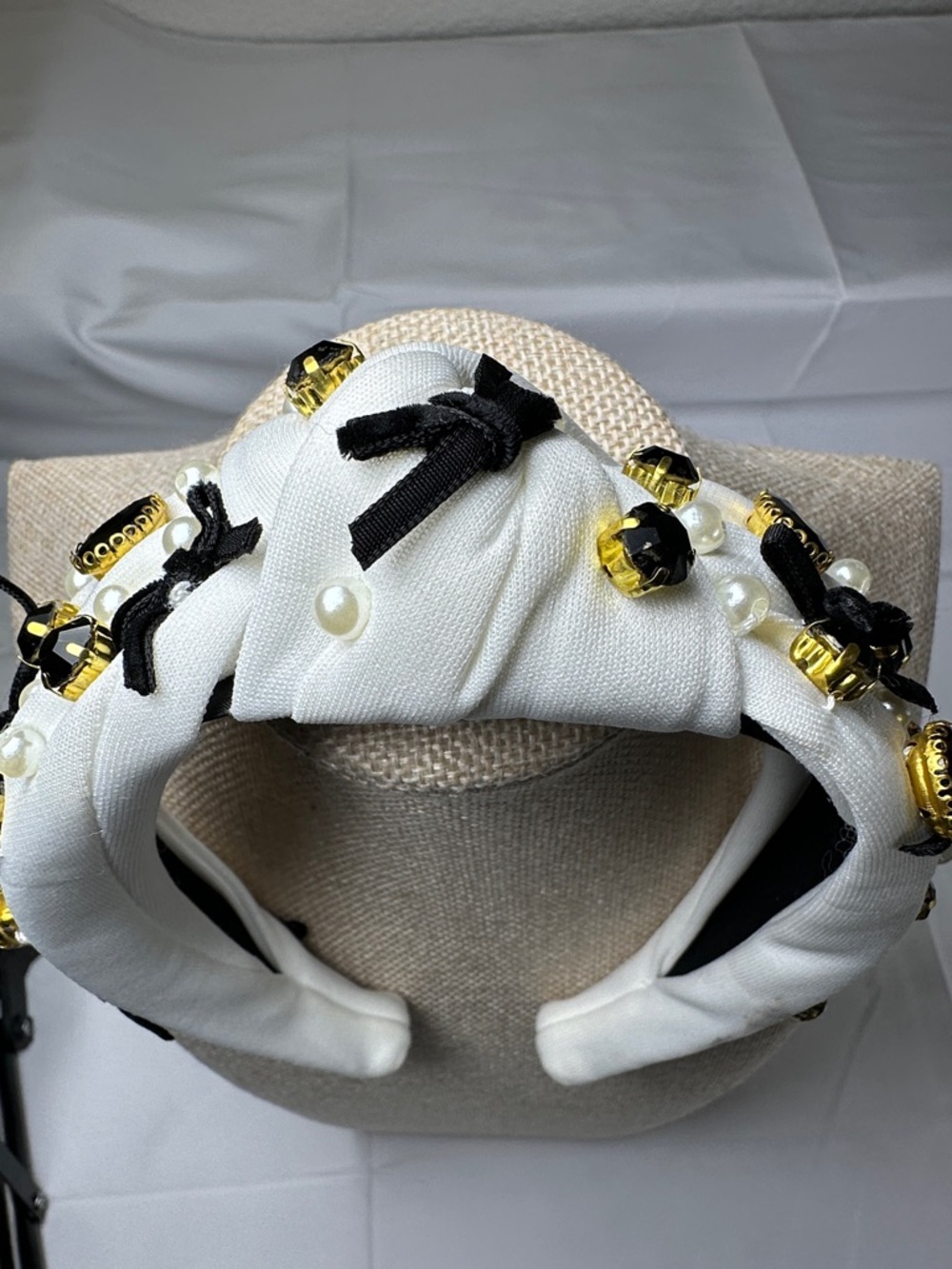 Elegant, Luxury White Beaded Knot Headband with Black & Pearl Accents & Bows